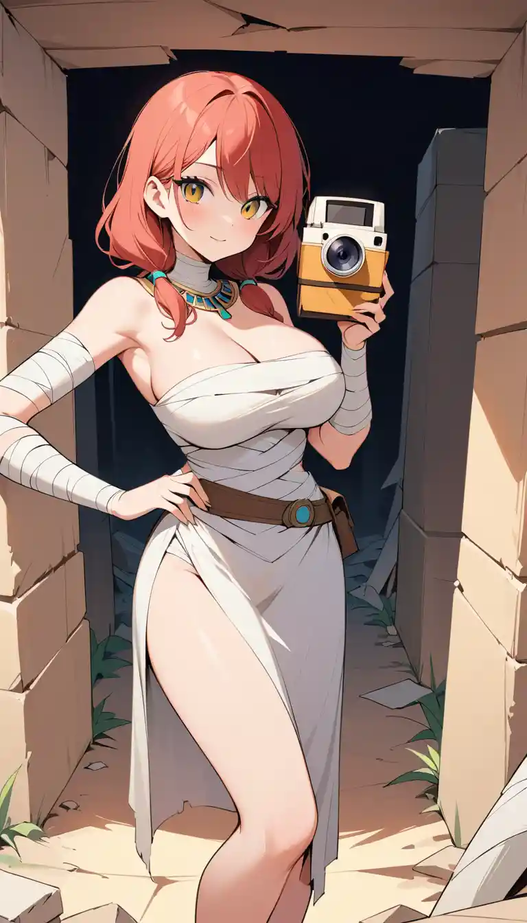 Redhead archaeologist taking a selfie with an ancient mummy