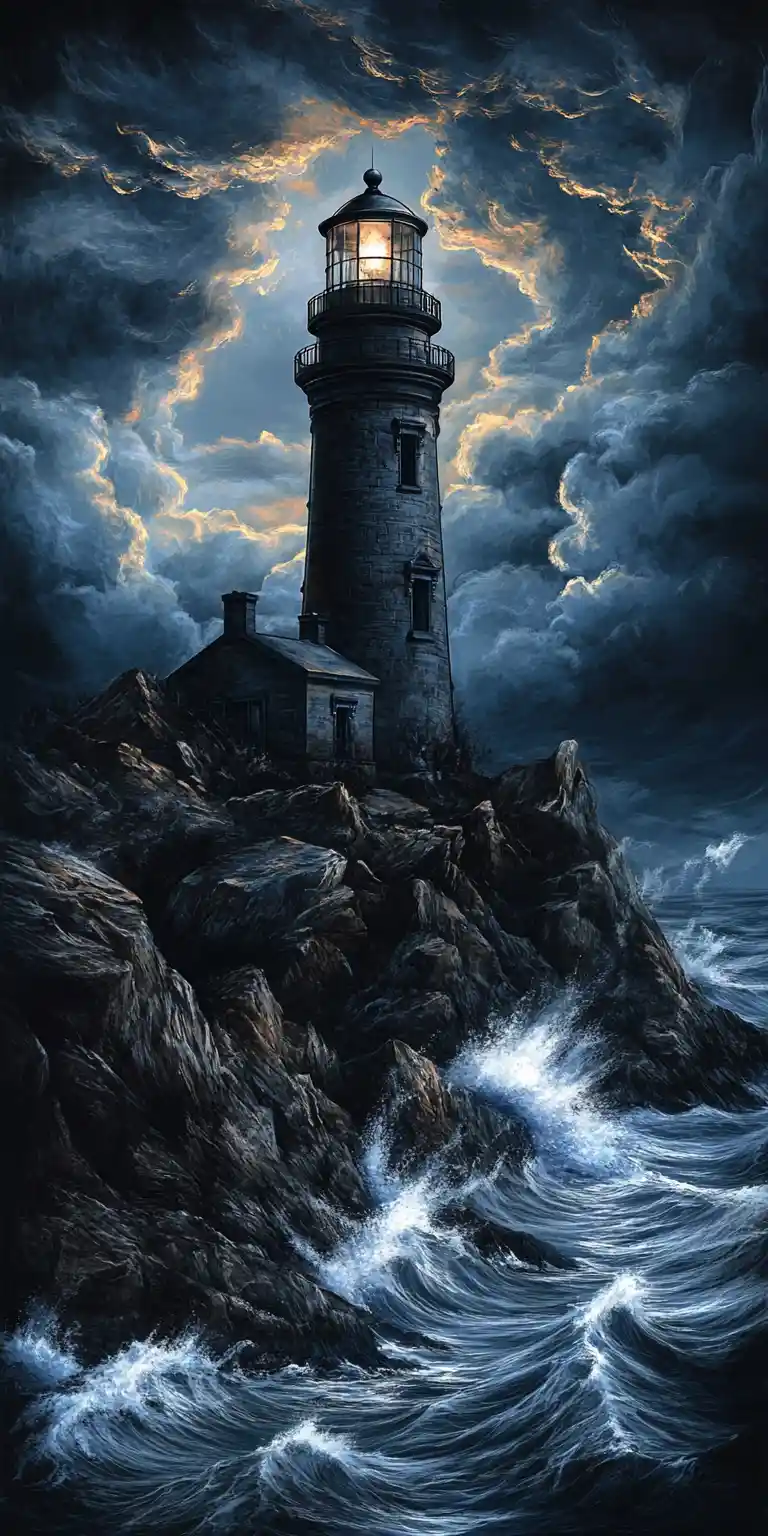Farol Sinistro Sobre Mar Revolto ao Crepúsculo
