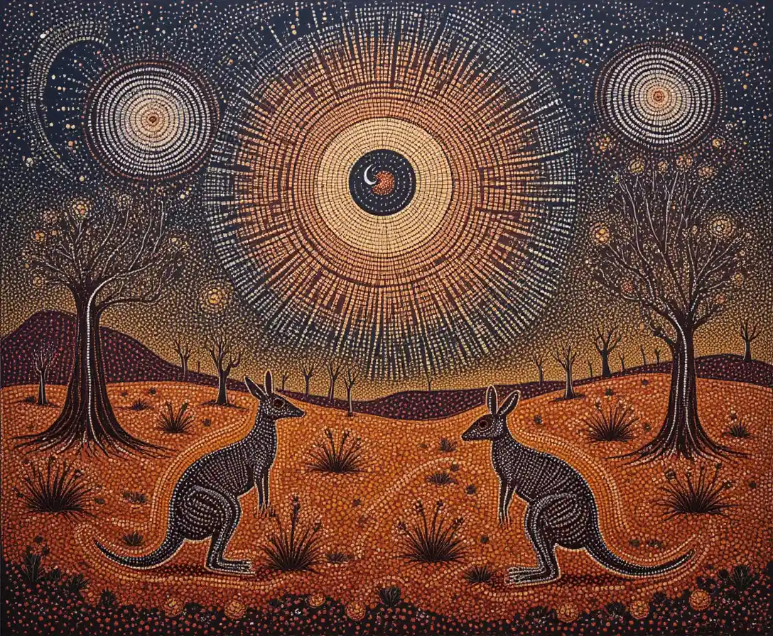 Kangaroos beneath a starry sky in desert dot painting