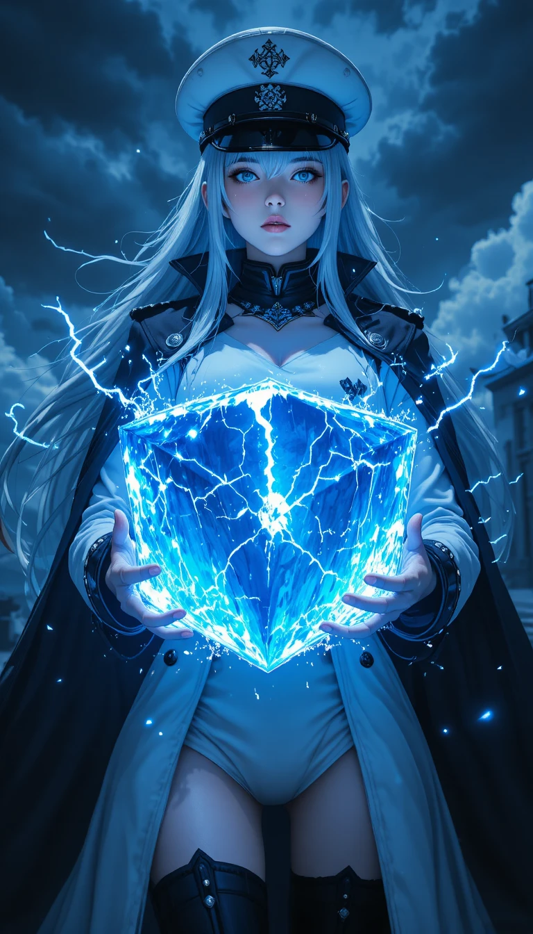 Ice powered anime general with glowing energy cube