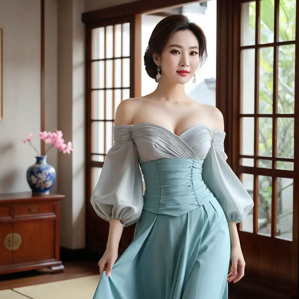 Elegant Vietnamese woman in off shoulder blouse and maxi skirt