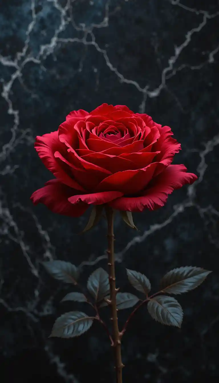 Rote Rose auf schwarzem Marmor im dramatischen Vintage-Stil