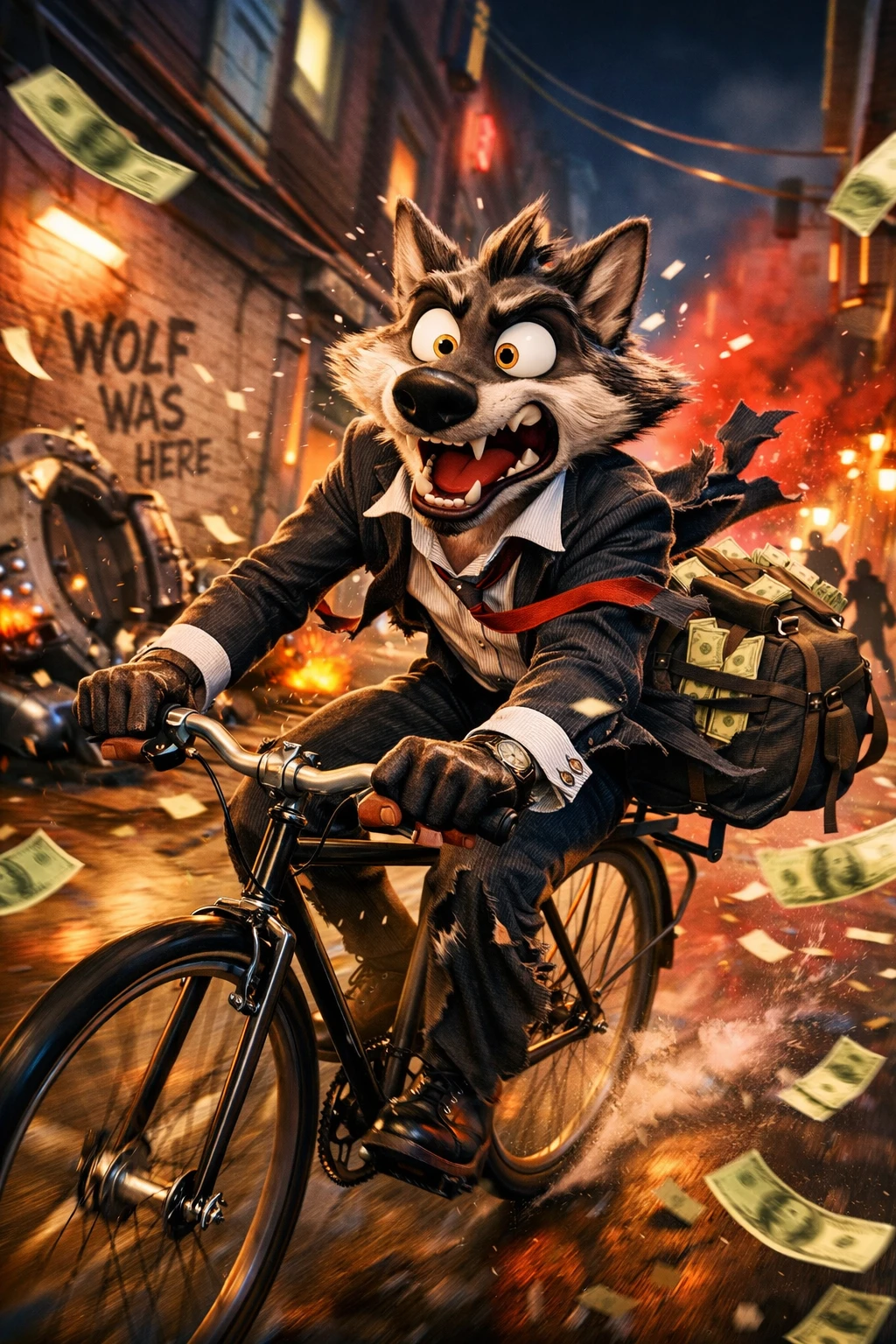 Voleur loup paniqué filant à vélo dans une ruelle néon