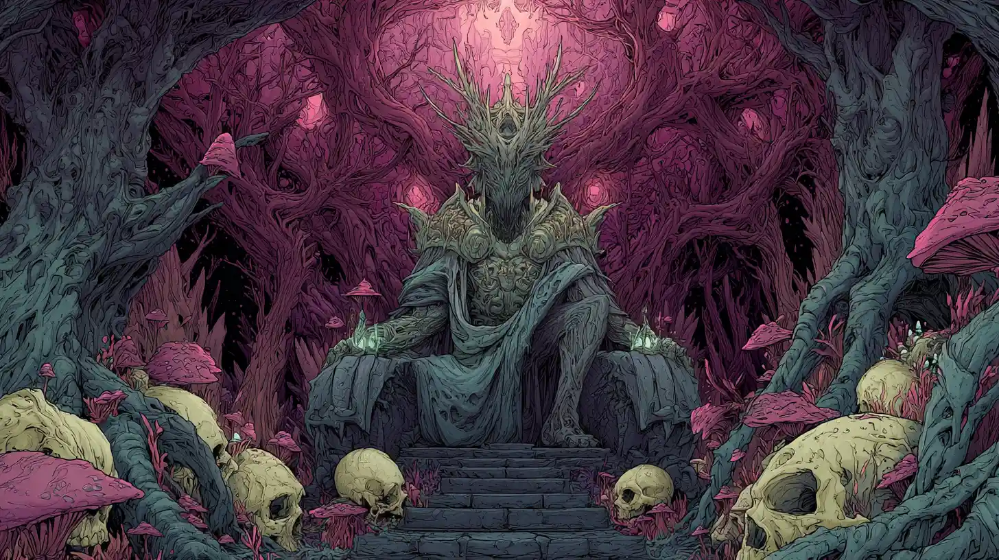 Antiga rainha troll em trono de obsidiana em caverna subterrânea