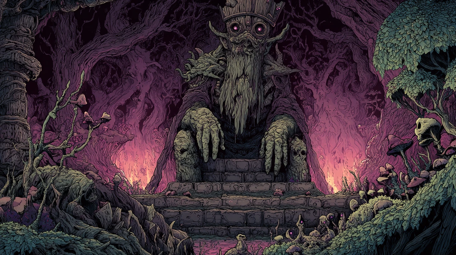 Antiga rainha troll em trono de obsidiana em caverna luminosa