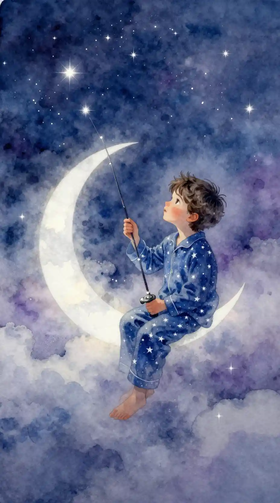 Menino pescando estrelas em uma lua crescente
