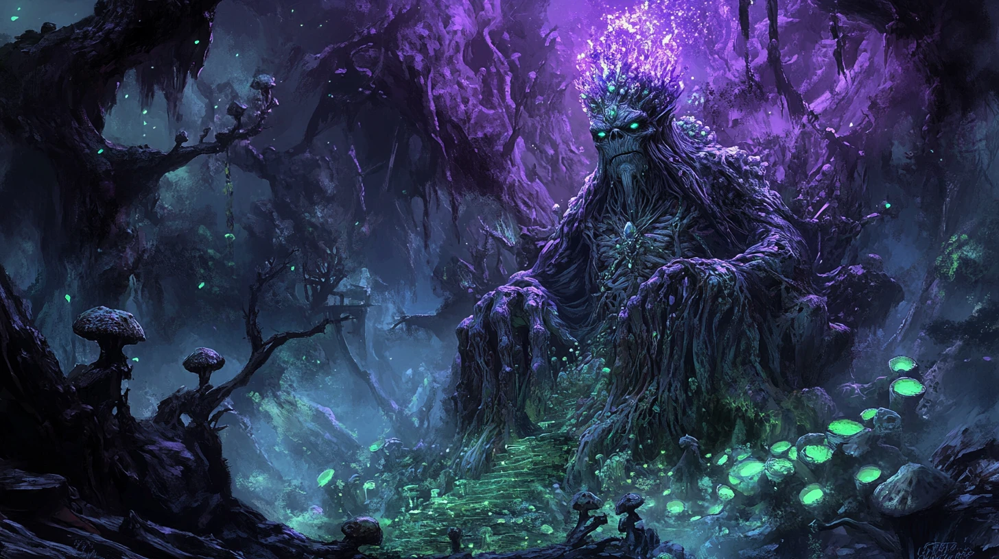 Rainha troll ancestral em um trono de obsidiana na caverna