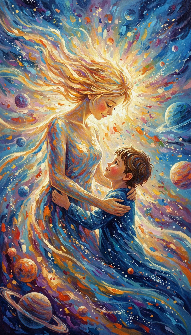 Estrella resplandeciente que abraza a un niño entre colores en espiral
