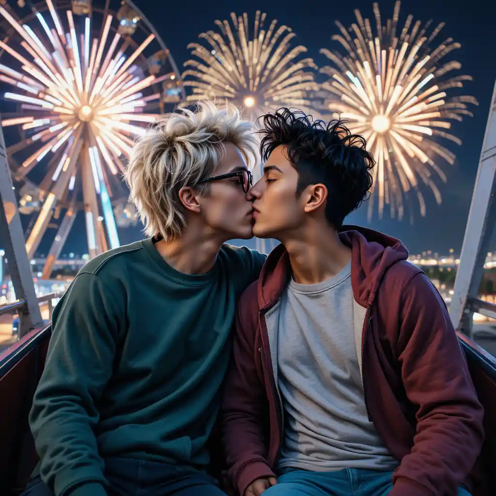 Deux jeunes hommes s’embrassant sur une grande roue sous les feux d’artifice