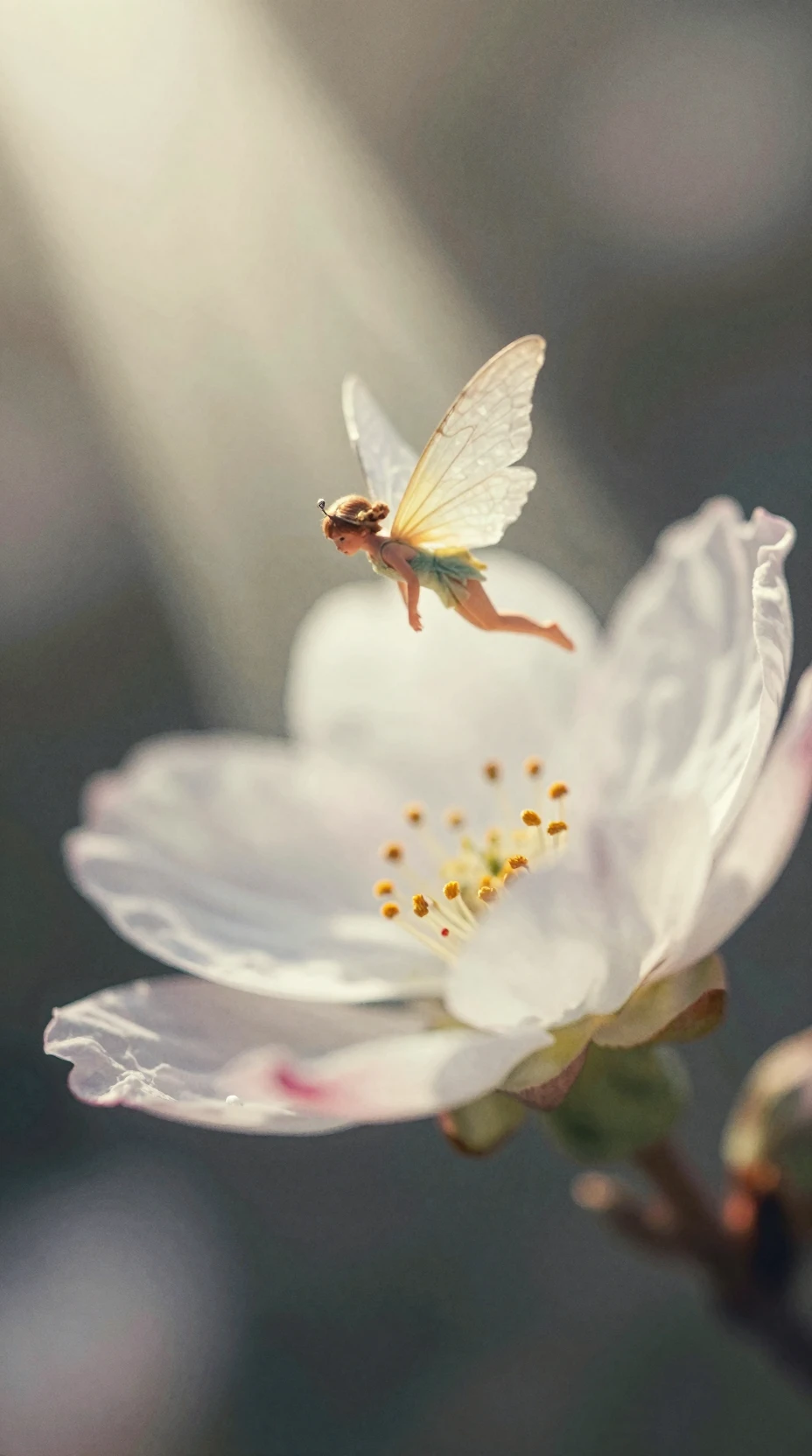 Tiny ethereal fairy flying above glowing blooming flowers