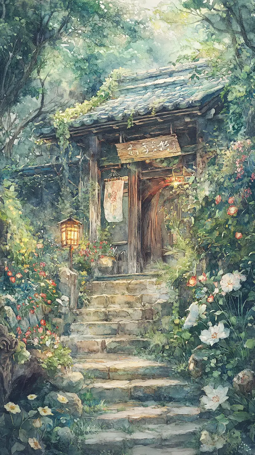 迷人的傳統房屋，伴隨瀑布與鬱鬱蔥蔥花園