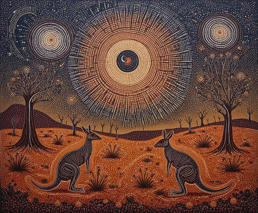 Kängurus unter sternenklarem Wüstenhimmel als Dot-Painting