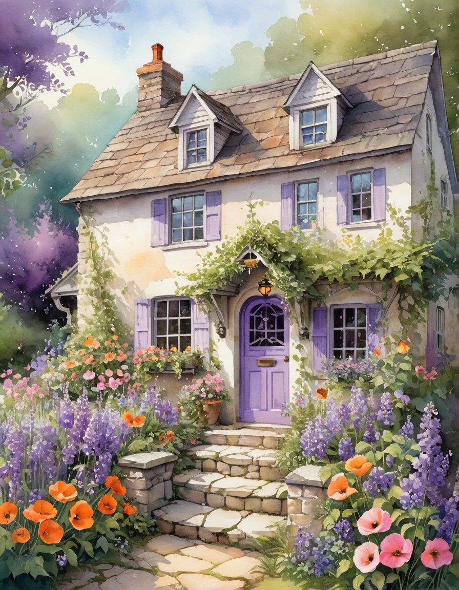 Verspieltes weißes Cottage mit blühendem Gartenweg