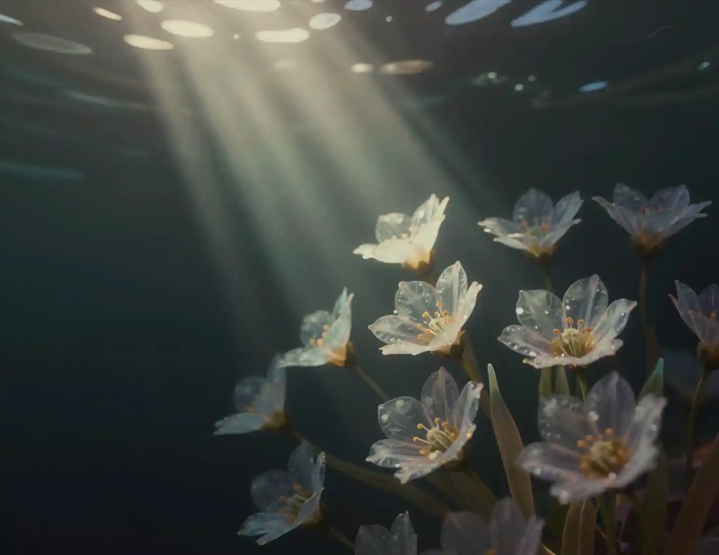 Translucent Flowers Floating In A Dark Underwater Scene