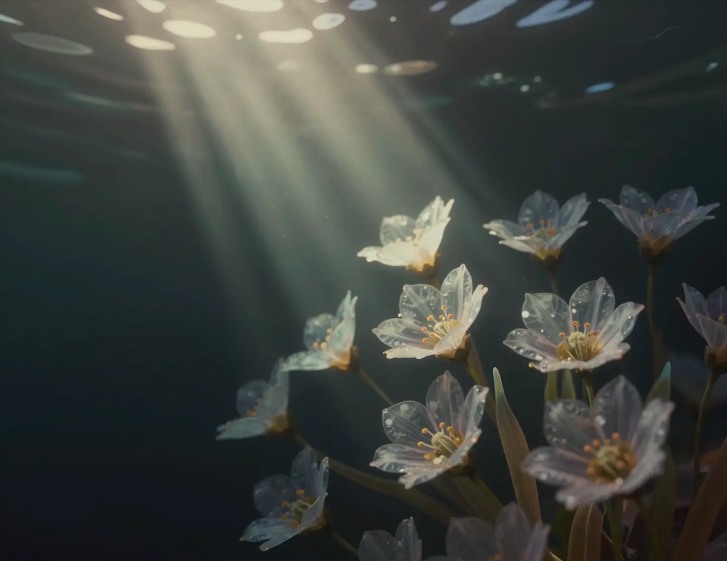 Transparente Blumen, die in einer dunklen Unterwasserszene schweben