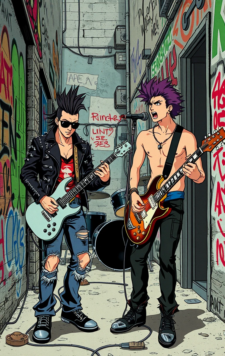 Duo punk rock che fa jam con le chitarre in un vicolo pieno di graffiti