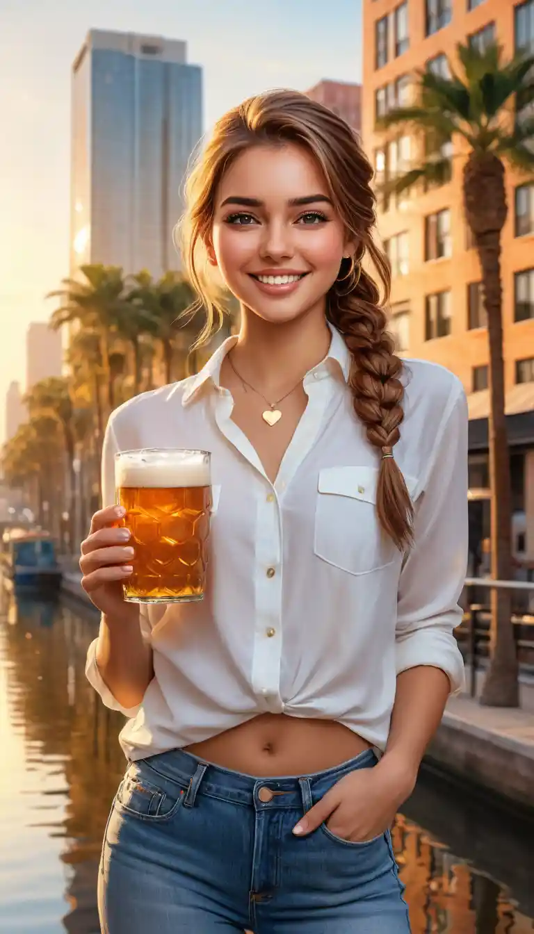 Smiling young woman with beer by sunlit city canal