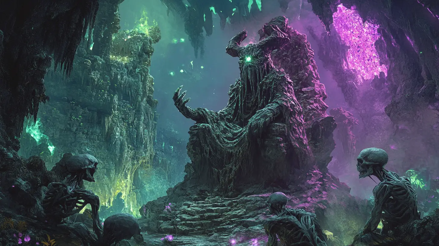 Antiga Rainha Troll em Trono de Obsidiana em Caverna Sombria
