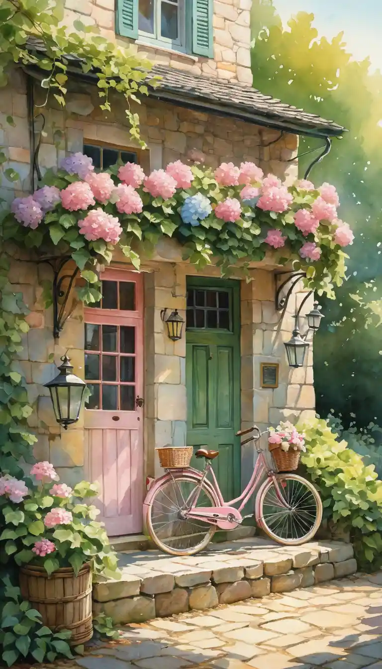 Entrada de chalé em tons pastéis com bicicleta rosa vintage e flores
