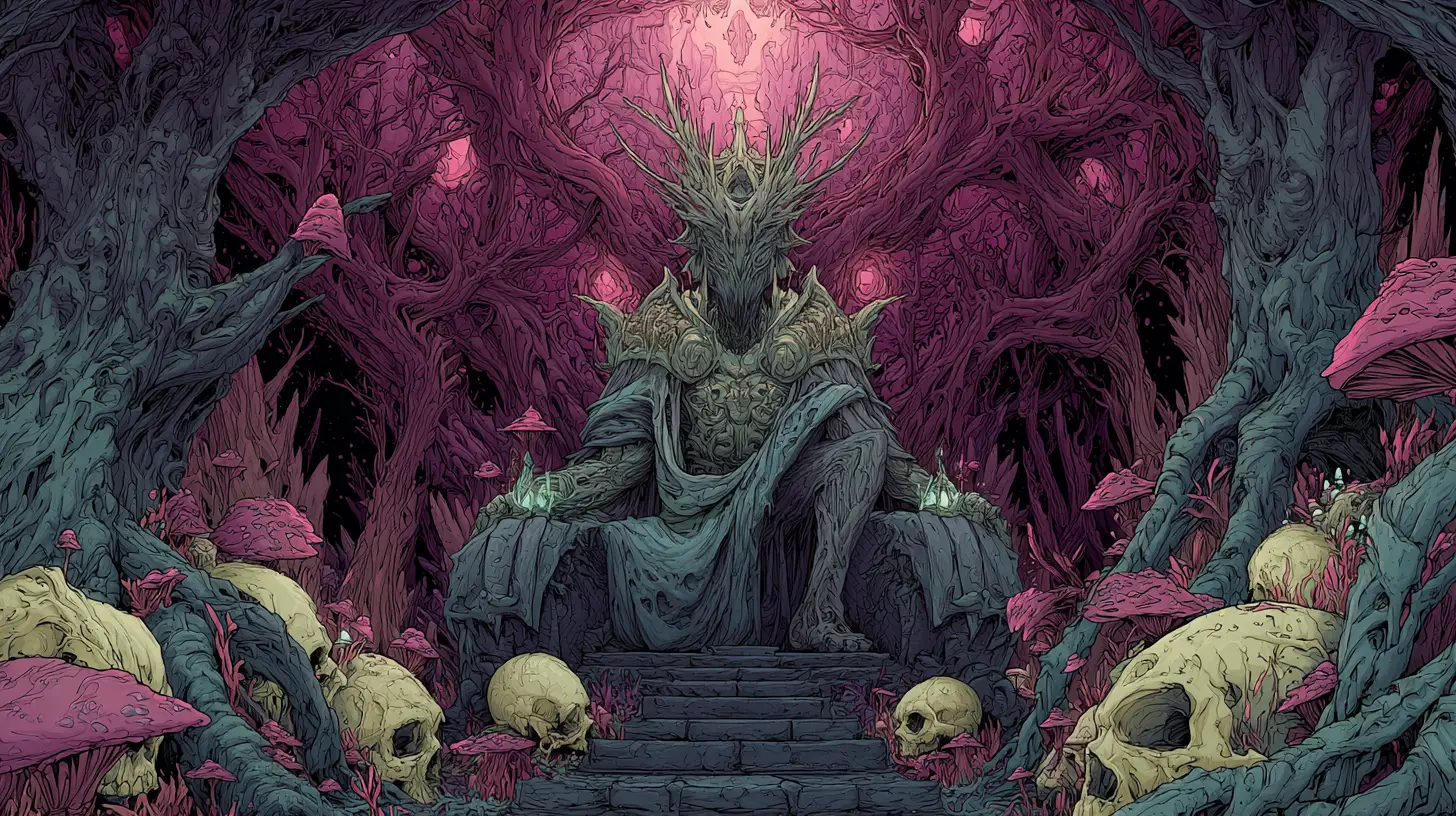 Antiga rainha troll em trono de obsidiana em caverna subterrânea