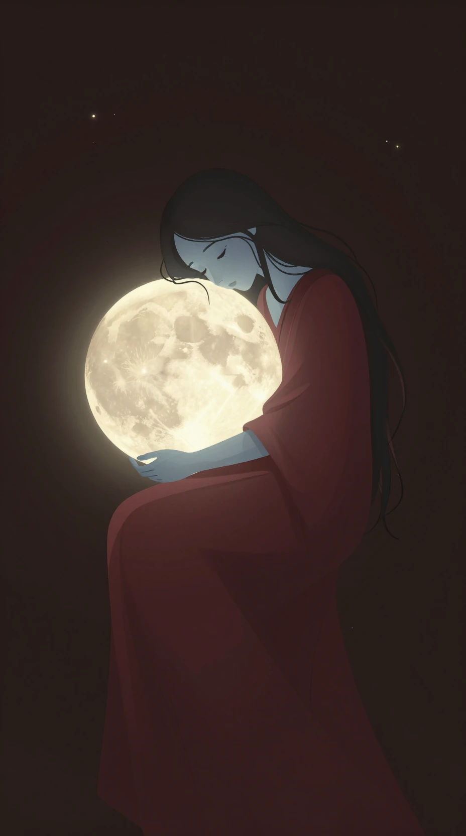 Silhouette éthérée étreignant une lune lumineuse dans une nuit cosmique