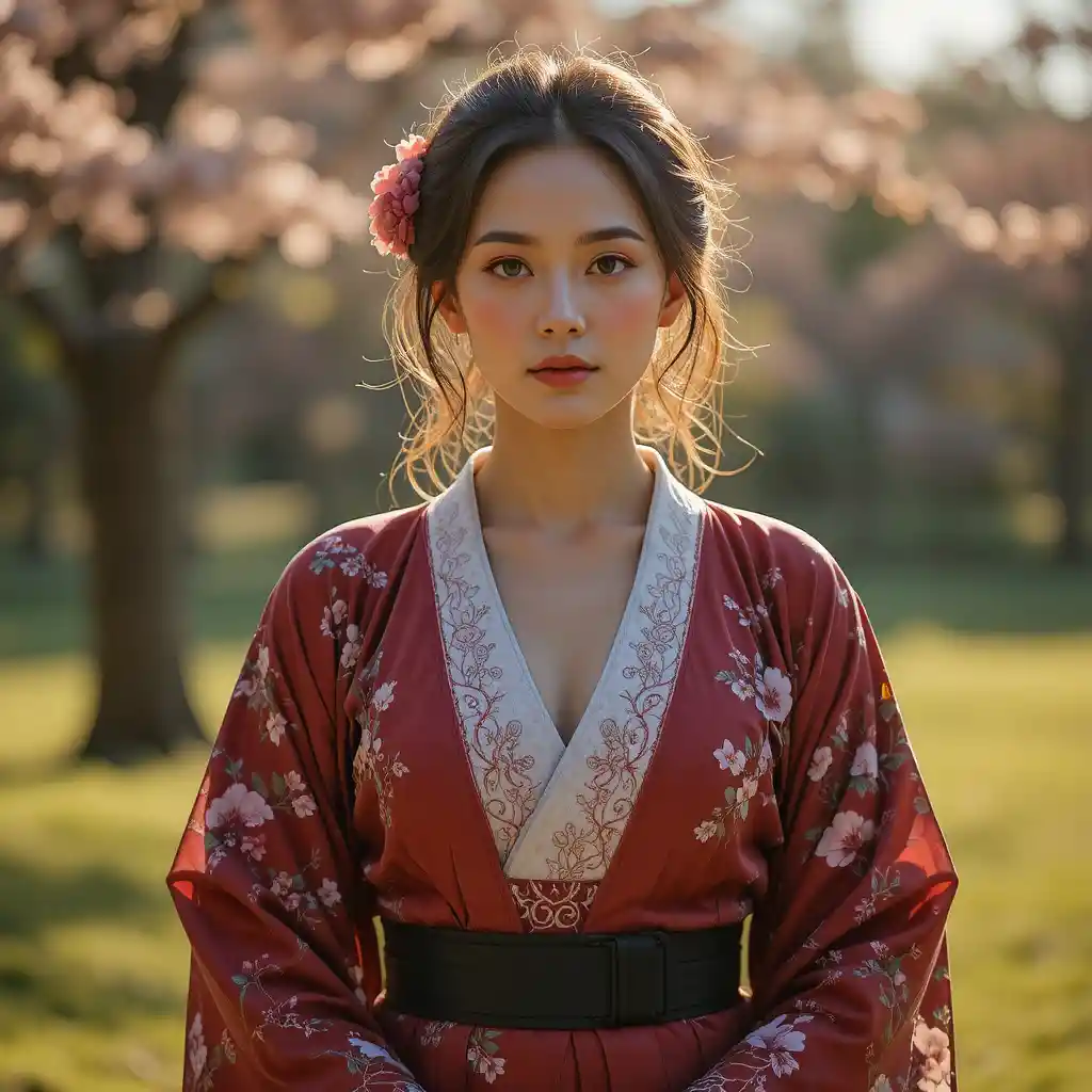 Confident brunette judoka in a kimono in nature