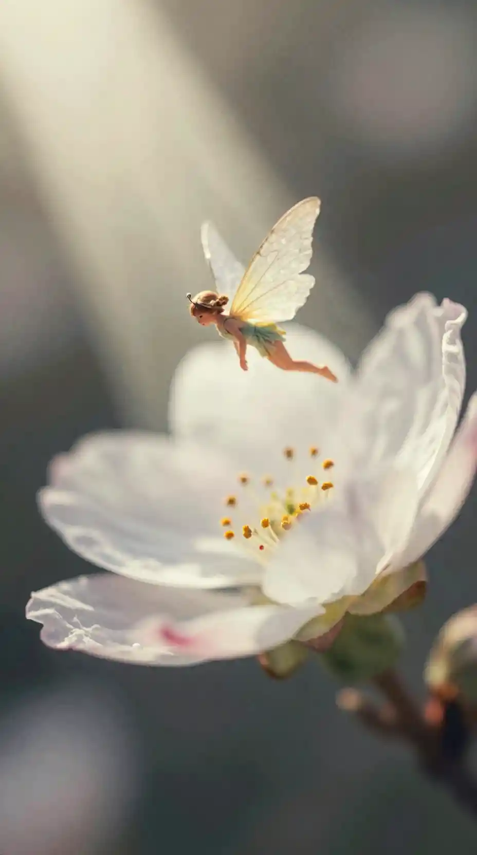 Pequeña hada etérea volando sobre flores brillantes en plena floración