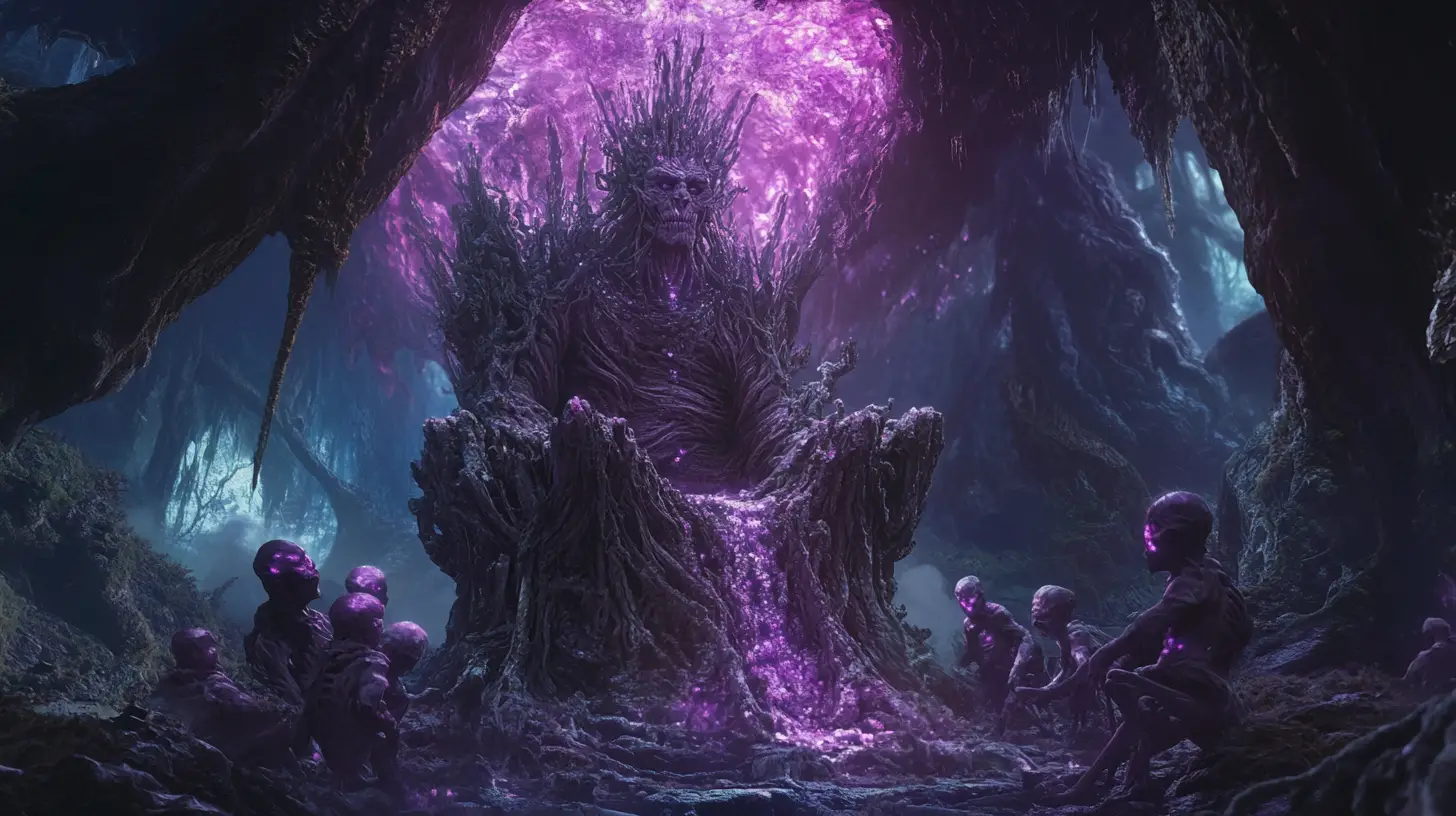 Antiga rainha troll em trono de obsidiana na caverna