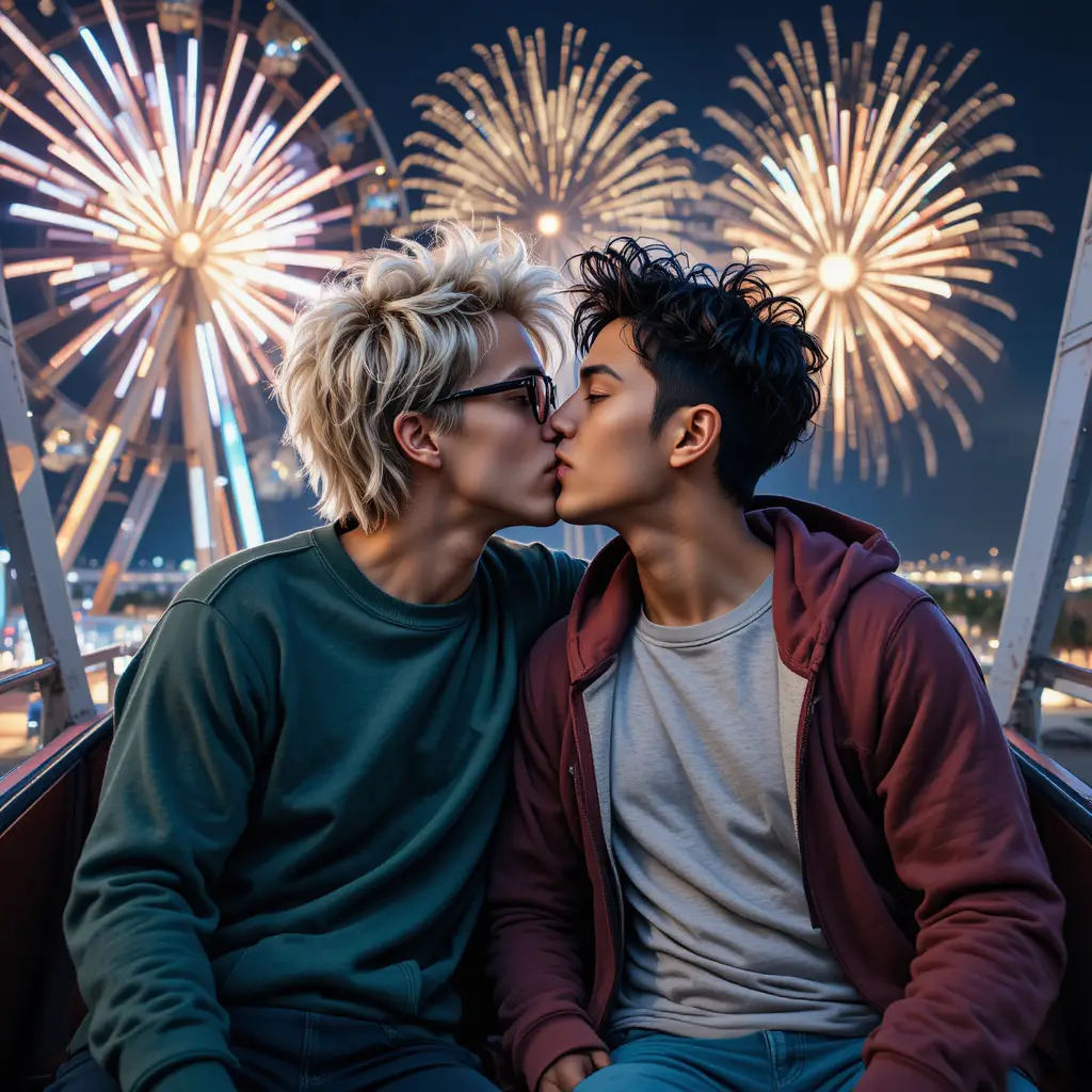 花火の下で観覧車に乗る若い男性同士のキス