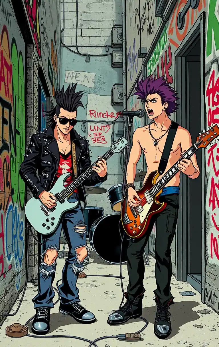 Duo punk rock che fa jam con le chitarre in un vicolo pieno di graffiti