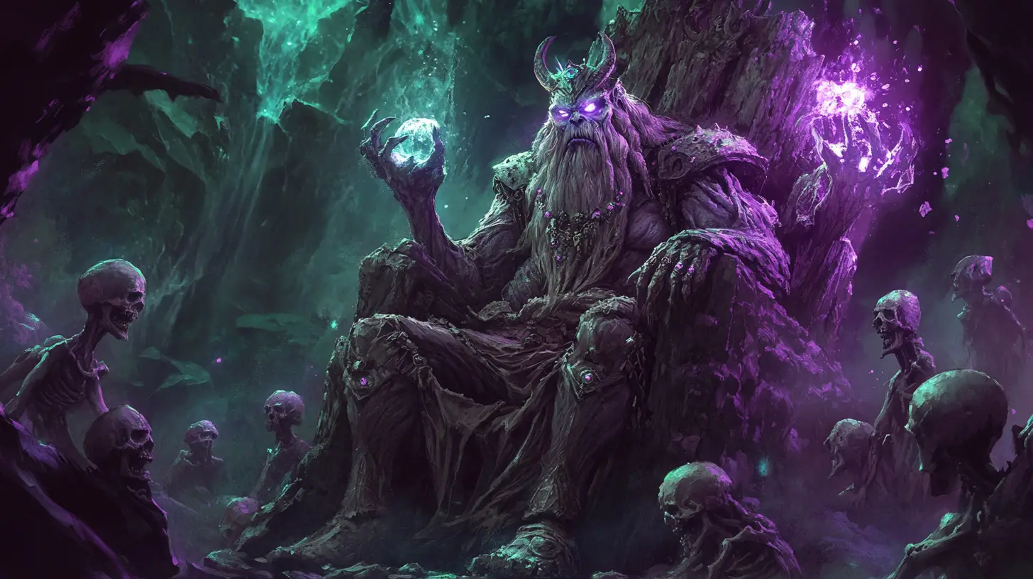 Antiga rainha troll em trono de obsidiana em caverna luminosa
