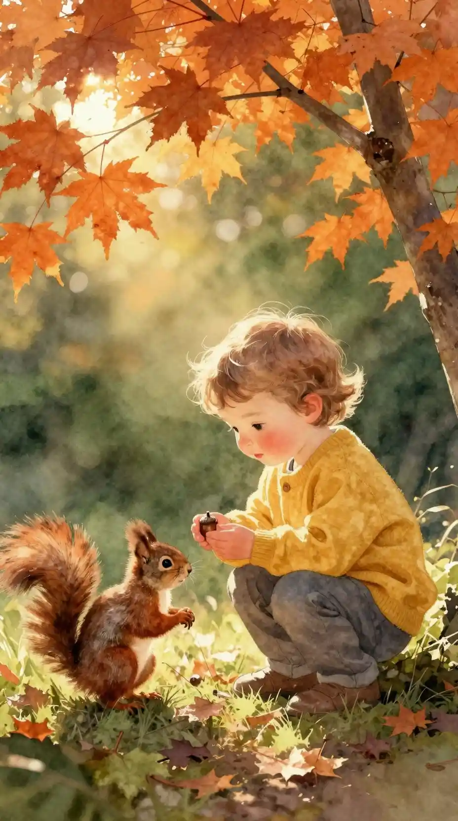 Toddler offering an acorn to a red squirrel in autumn woods