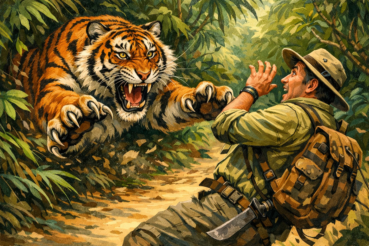 Tigre de Bengala abalanzándose sobre un hombre en sendero de la jungla