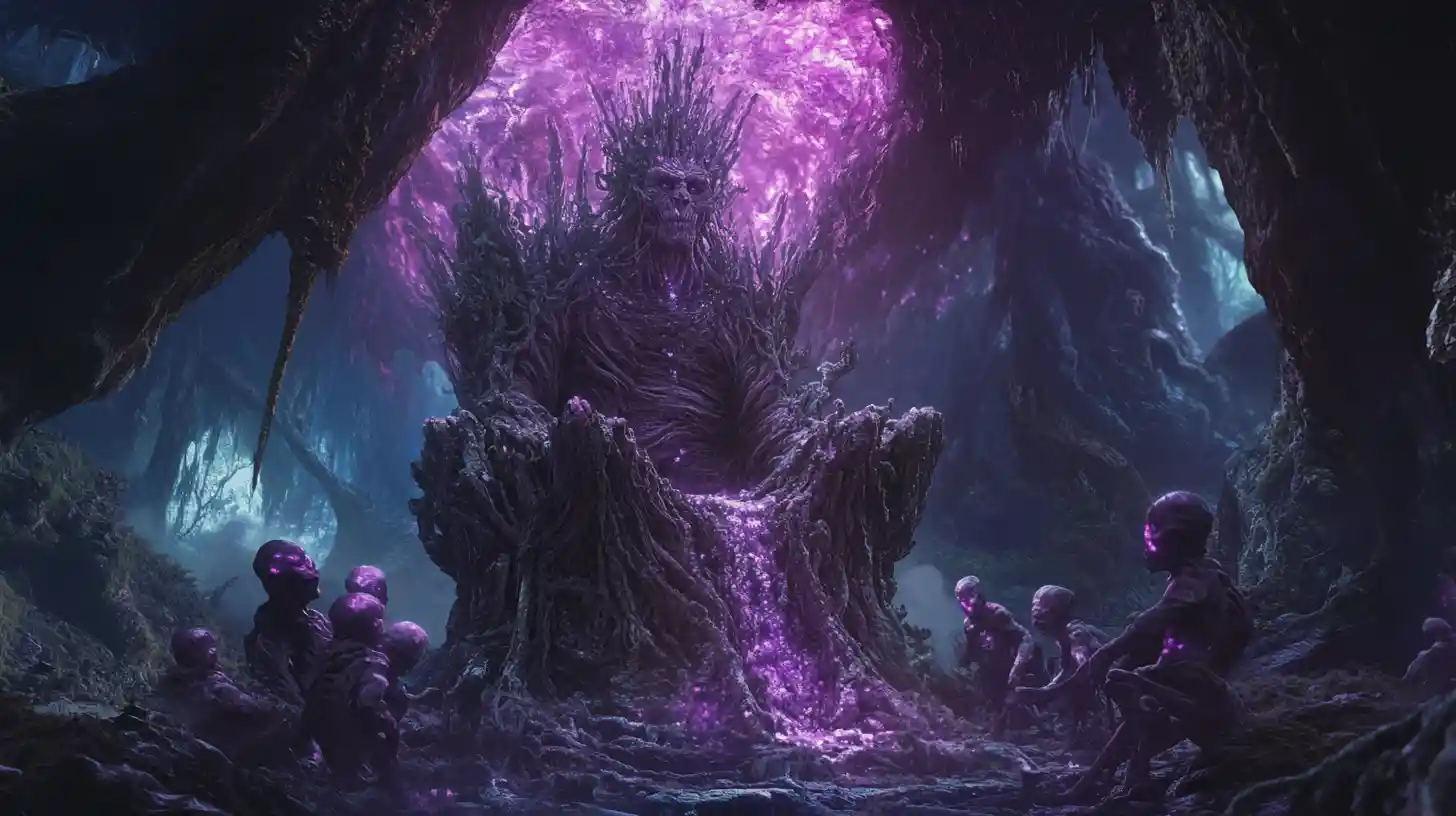 Antiga rainha troll em trono de obsidiana na caverna