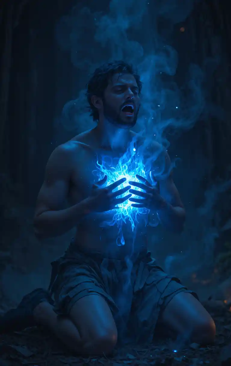 Kneeling man clutching his chest with blue inner fire