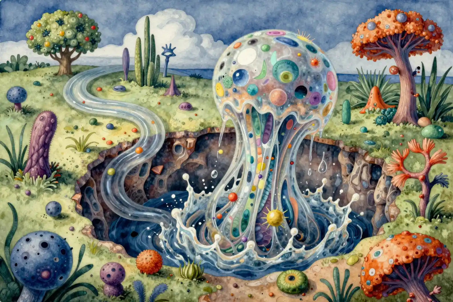 Criatura de limo translúcida surgindo de uma caverna surreal