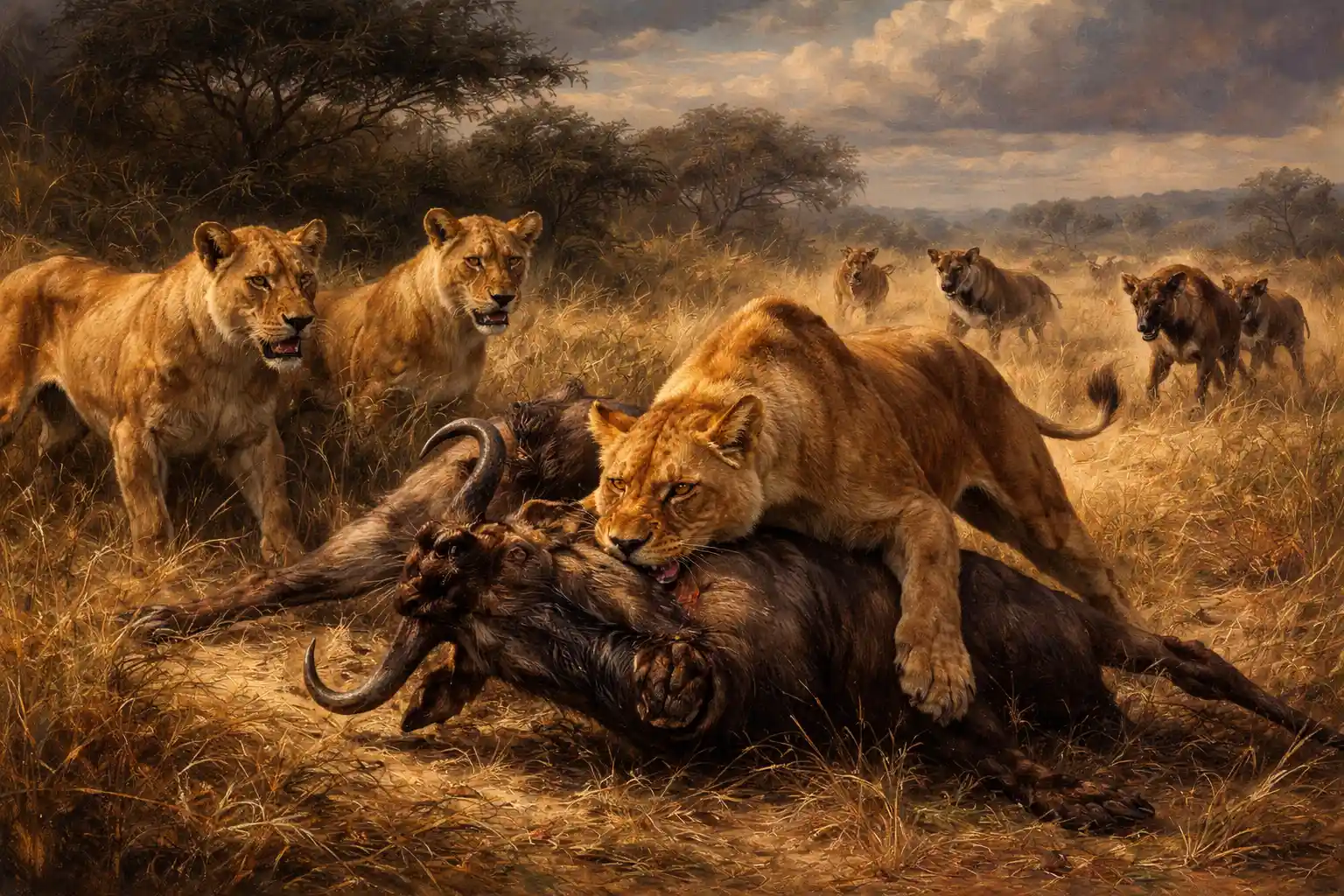 Lionesses hunting a wildebeest on the African plains