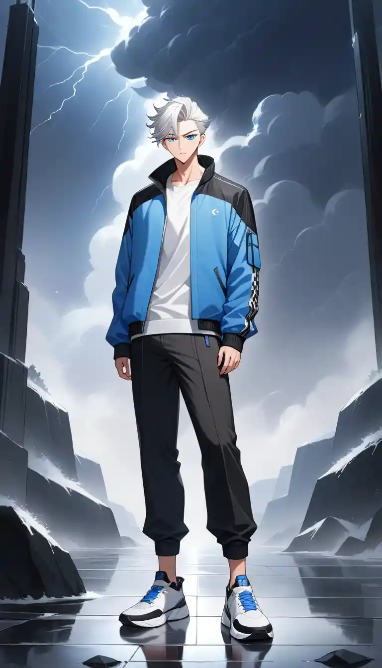 Weißhaariger Anime-Mann in stürmischer Outdoor-Szene