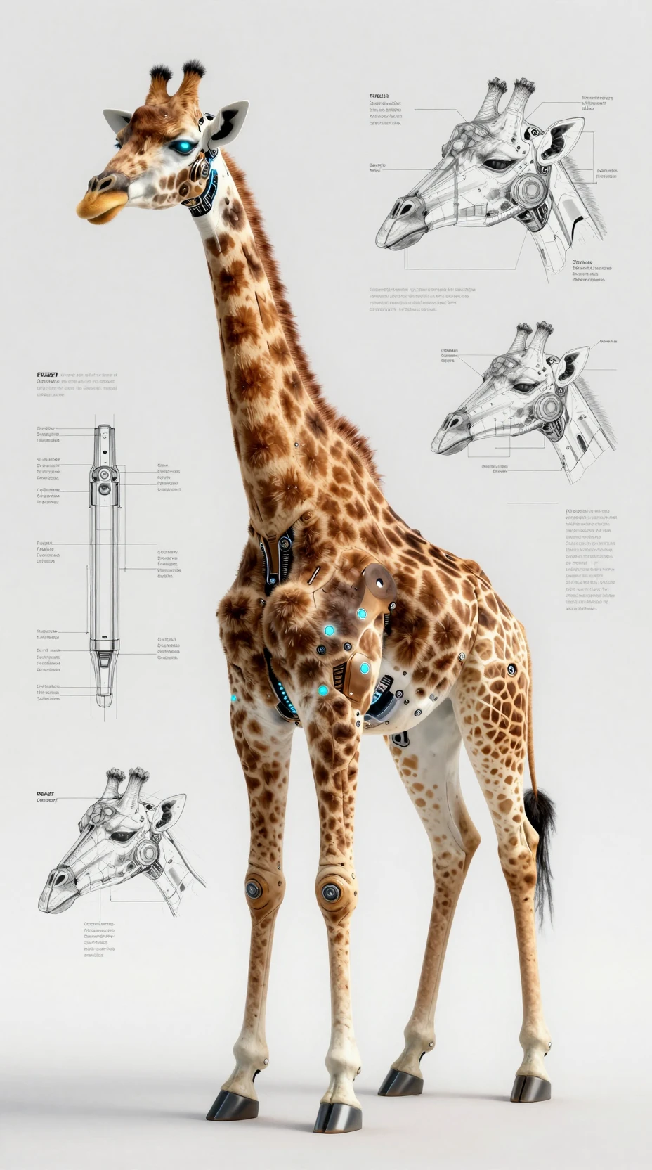 Giraffa cibernetica con occhio luminoso e sfondo di disegni tecnici