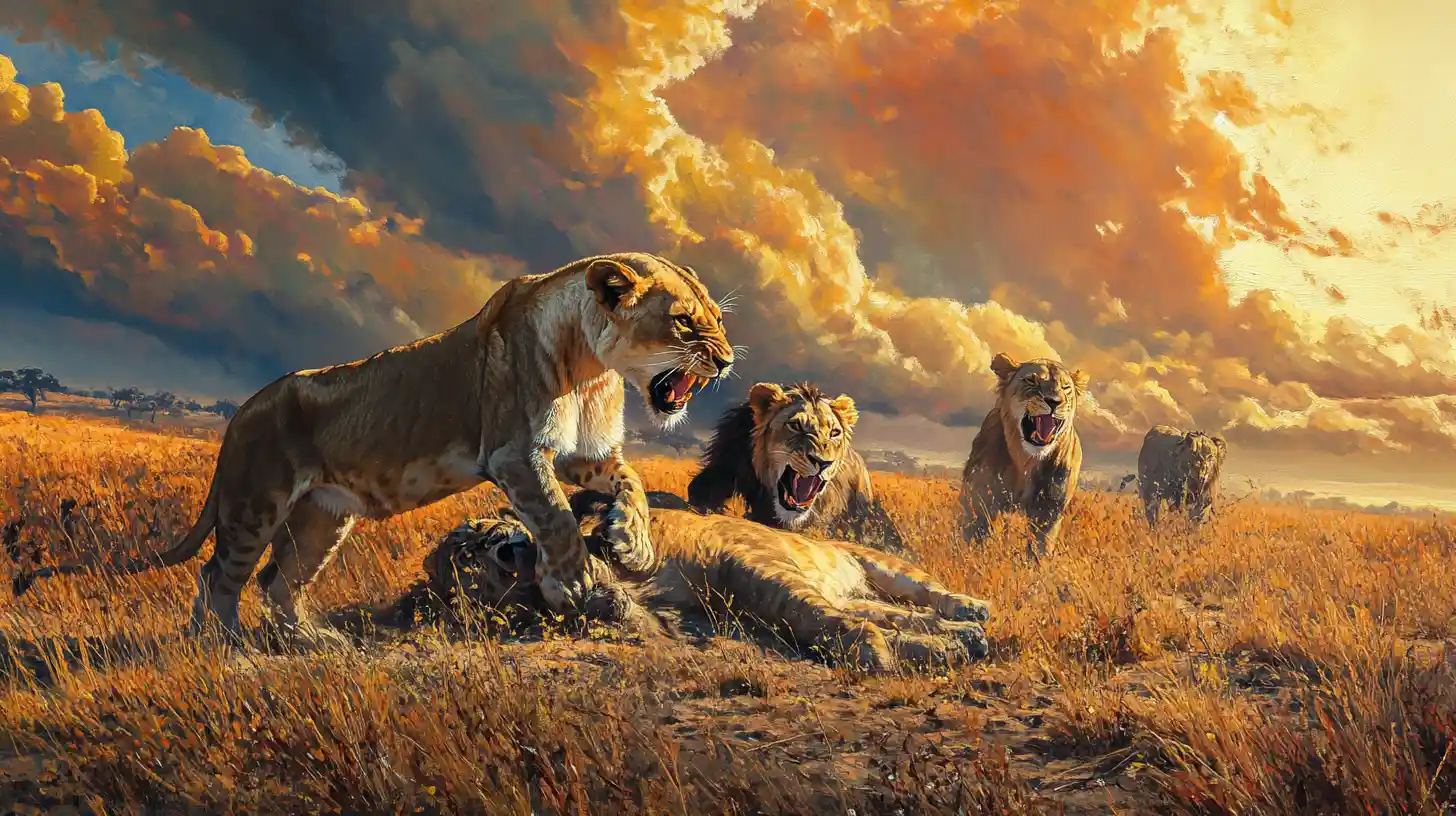Lionesses hunting a wildebeest on the African plains