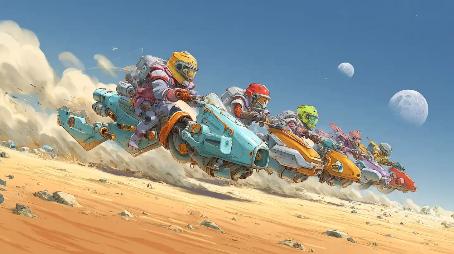 Speeders terrestres coloridos correndo por um deserto vibrante