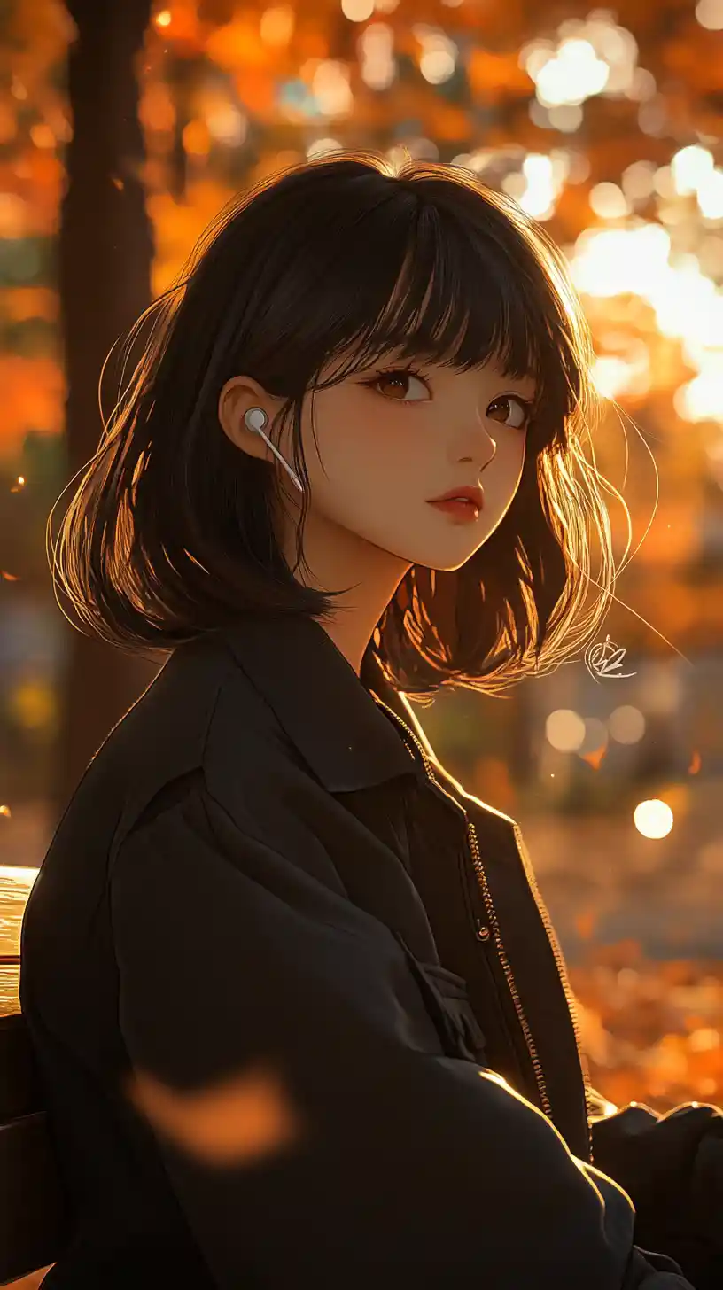 Anime girl on a park bench in warm autumn sunset light
