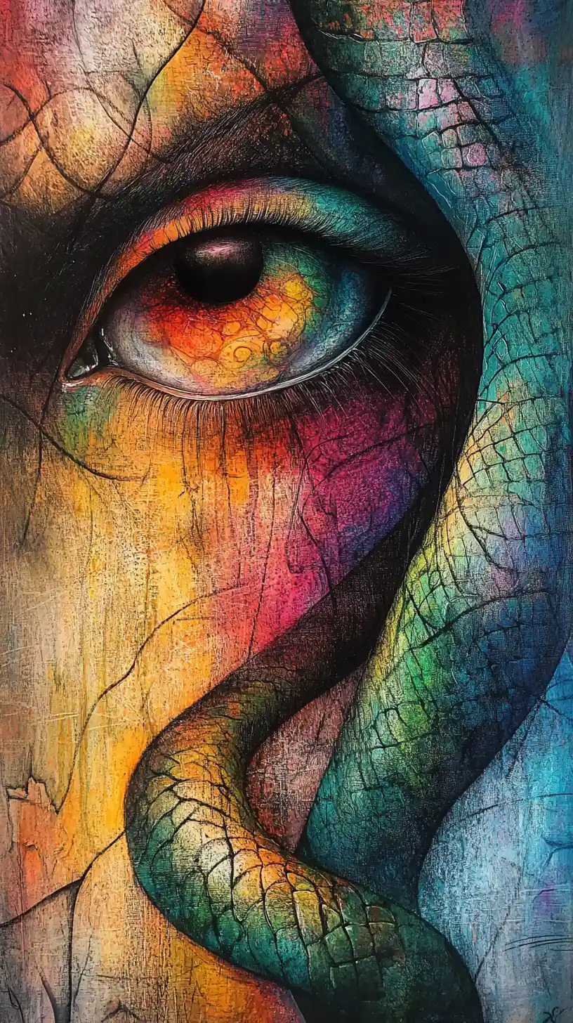 Occhi di serpente astratti in un dipinto multicolore mixed media