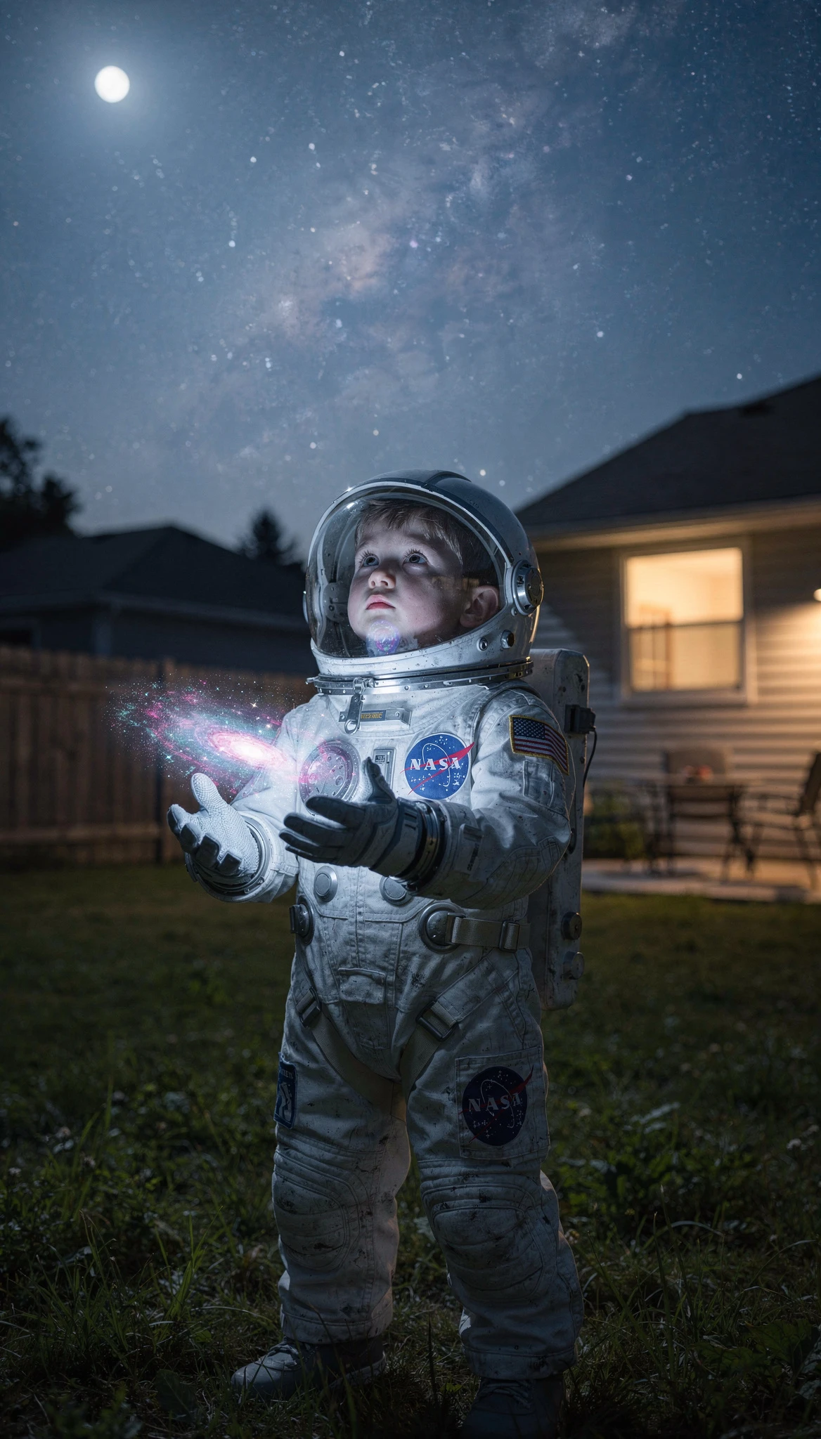 Ragazzo in tuta spaziale che osserva il cielo notturno con nebulosa luminosa