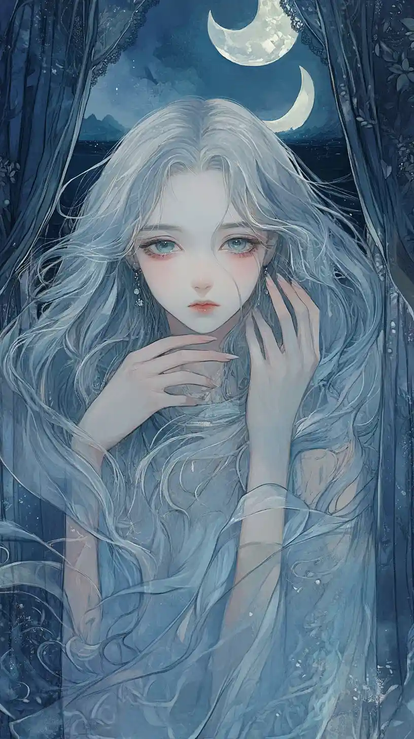 Chica de anime de cabello plateado frente a lunas y lago