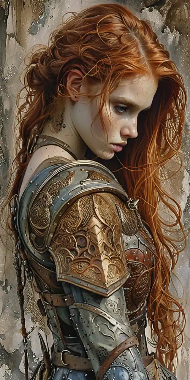 Blonde viking warrior woman with shield and axe