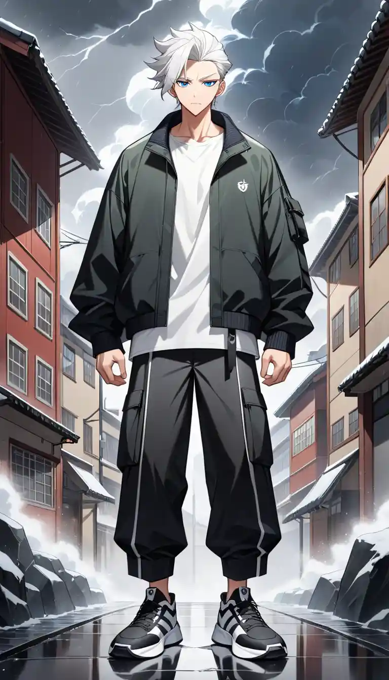 Weißhaariger Anime-Mann in stürmischer Outdoor-Szene