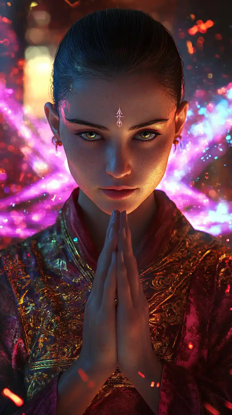 Strong fantasy monk woman with intense piercing eyes