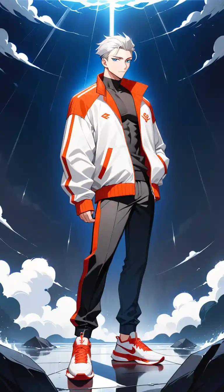 Homem de anime de cabelos brancos em retrato corporal completo ao ar livre em meio à tempestade