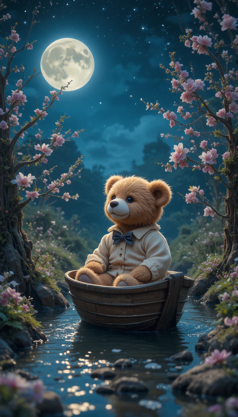 Osito de peluche en un pequeño bote bajo un cielo nocturno estrellado